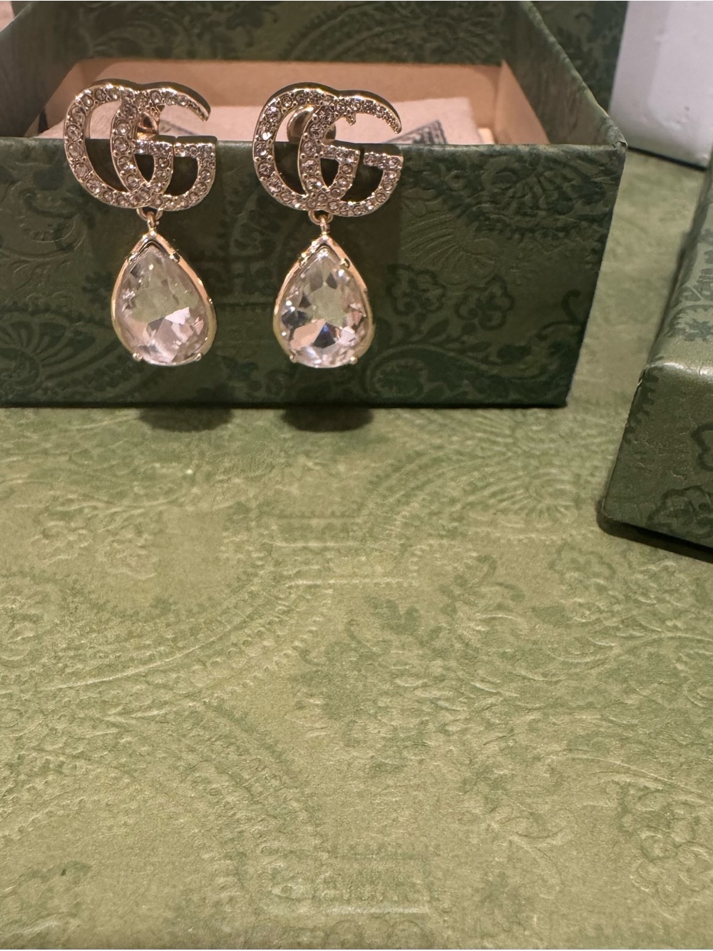 Gucci Gold Logo Drop Earrings with Clear Teardrop Crystals